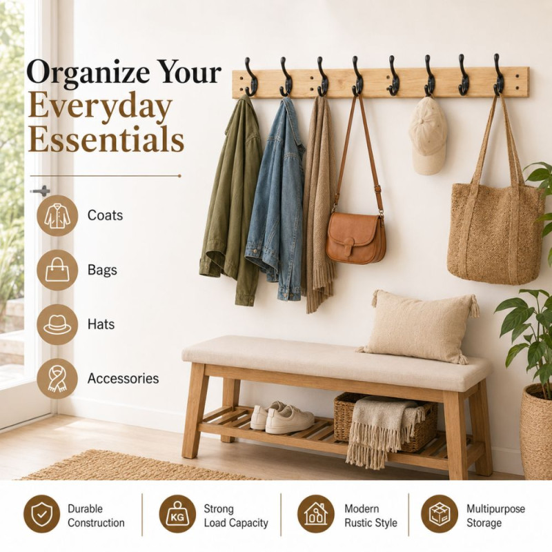 Mocha Style Wall-mounted Coat Rack Designed for Smart Storage &amp; Organization – Brown (H-8, W-5.9, L-60.5 CM)