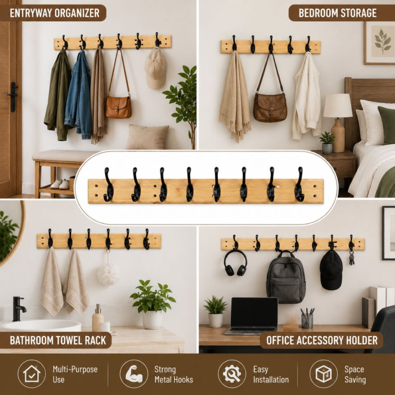 Mocha Style Wall-mounted Coat Rack Designed for Smart Storage &amp; Organization – Brown (H-8, W-5.9, L-60.5 CM)
