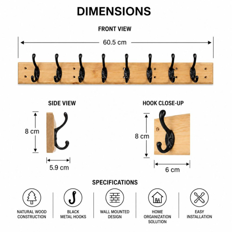 Mocha Style Wall-mounted Coat Rack Designed for Smart Storage &amp; Organization – Brown (H-8, W-5.9, L-60.5 CM)