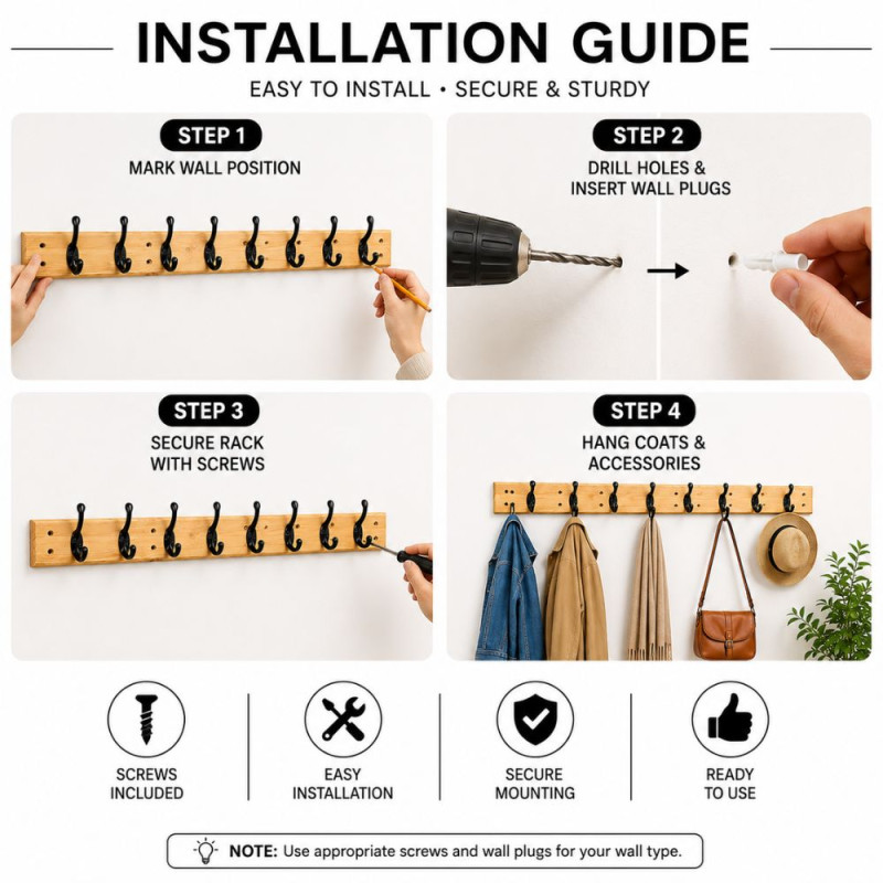 Mocha Style Wall-mounted Coat Rack Designed for Smart Storage &amp; Organization – Brown (H-8, W-5.9, L-60.5 CM)