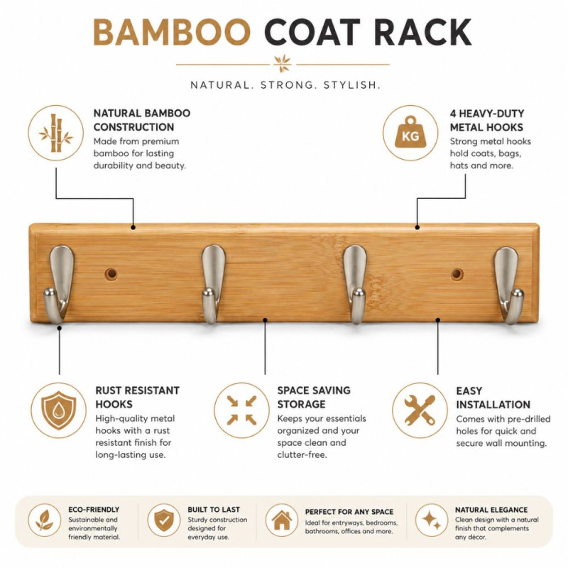 Forge Strong Coat Rack Designed for Modern Living &amp; Home Comfort – Wooden (H-6, W-40, L-6, D-2.8 CM)