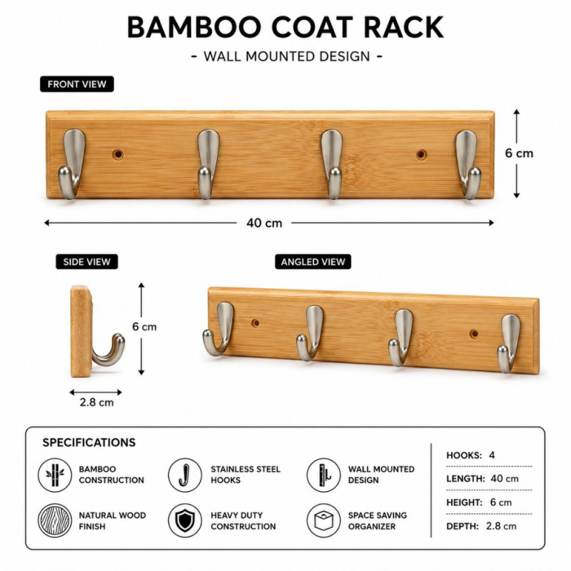 Forge Strong Coat Rack Designed for Modern Living &amp; Home Comfort – Wooden (H-6, W-40, L-6, D-2.8 CM)