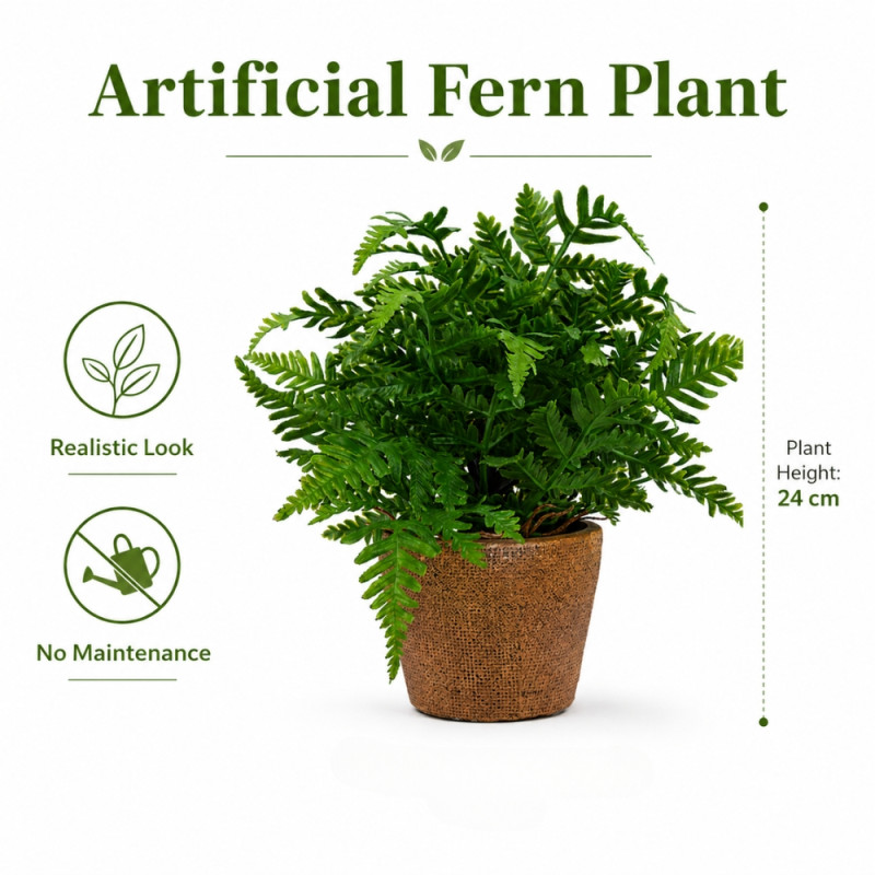 Professional Nearly Natural Artificial Fern Plant – Realistic Greenery in Textured Pot (24cm)