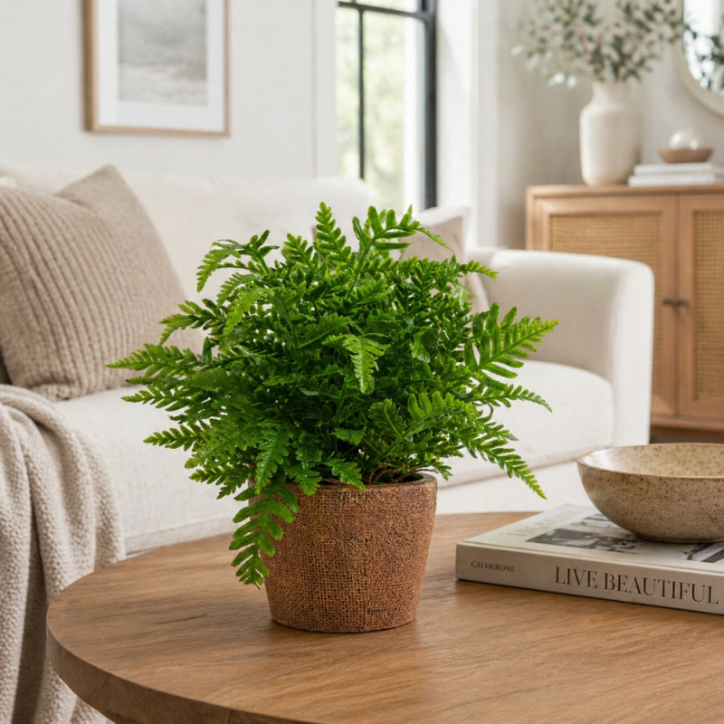 Professional Nearly Natural Artificial Fern Plant – Realistic Greenery in Textured Pot (24cm)