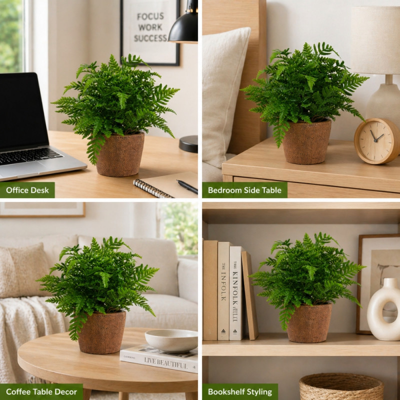 Professional Nearly Natural Artificial Fern Plant – Realistic Greenery in Textured Pot (24cm)