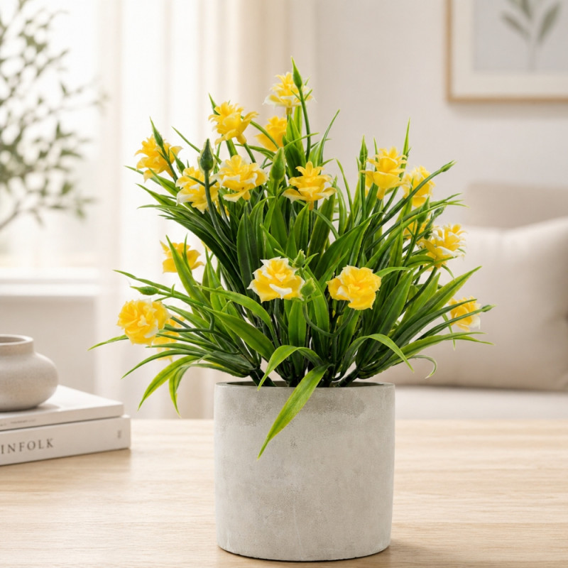Professional Artificial Yellow Narcissus (Daffodil) Plant – Grey Cylindrical Pot (22cm)