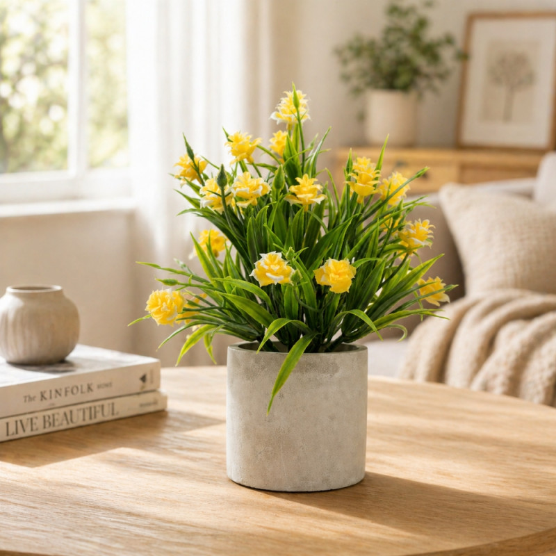 Professional Artificial Yellow Narcissus (Daffodil) Plant – Grey Cylindrical Pot (22cm)
