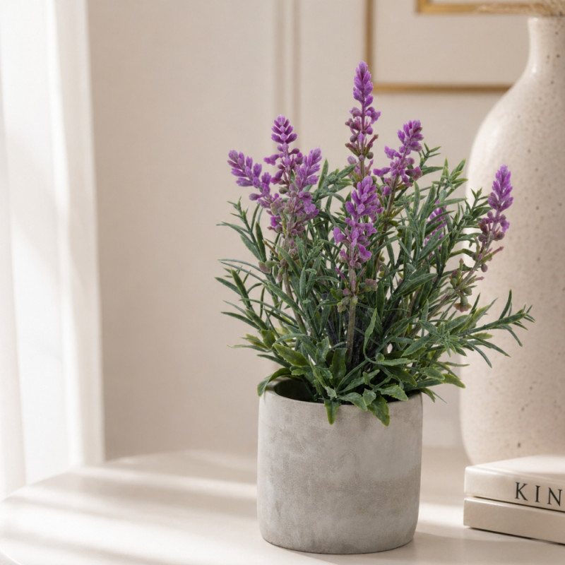 Professional Artificial Lavender Plant – Green & Purple Foliage in Gray Pot (25cm)