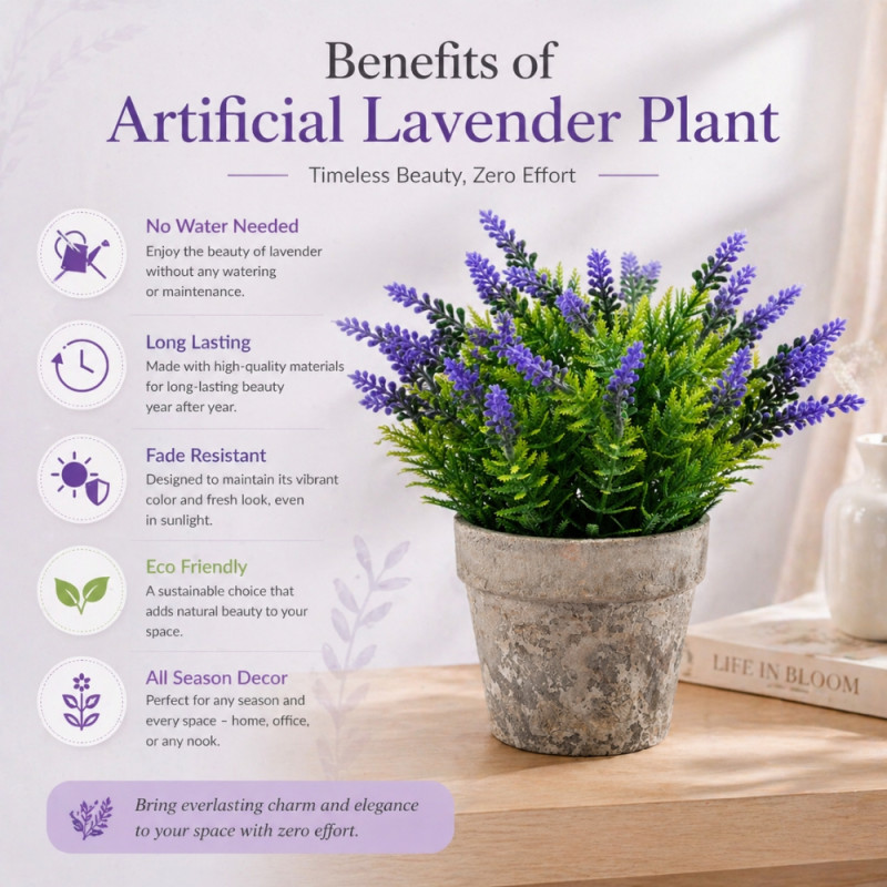 Professional Artificial Lavender Plant – Green & Purple Foliage in Textured Rustic Pot (22cm)