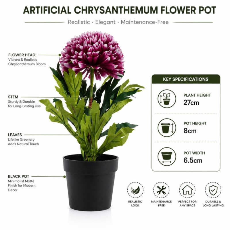 Professional Artificial Chrysanthemum Plant – Vibrant Purple & Green in Black Pot (27cm)