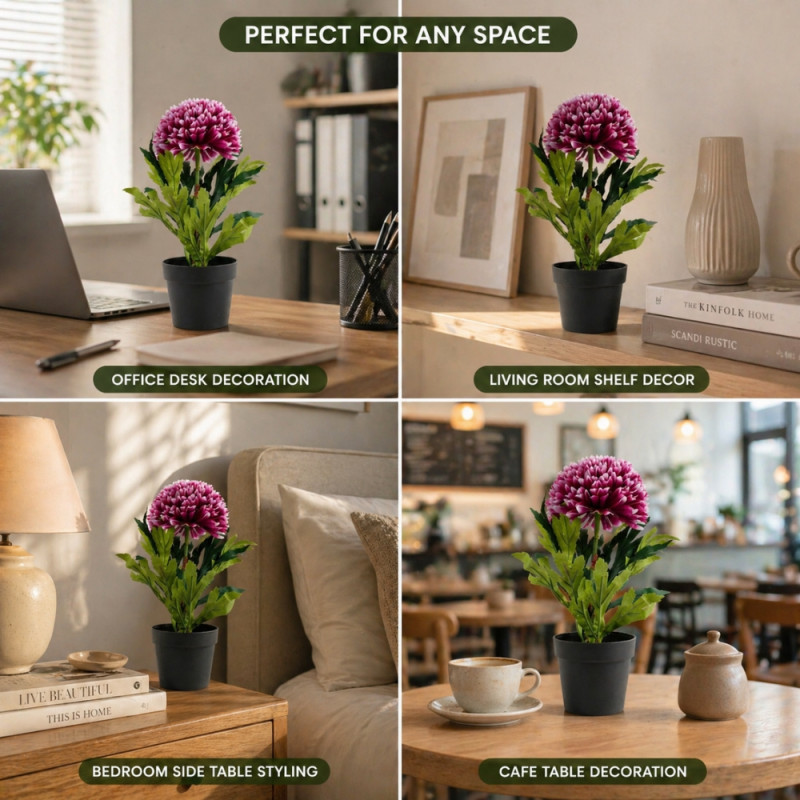Professional Artificial Chrysanthemum Plant – Vibrant Purple & Green in Black Pot (27cm)