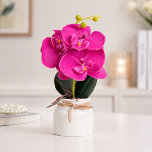 Professional Artificial Orchid Flowers – Vibrant Hot Pink & White in Ceramic Pot (28cm)