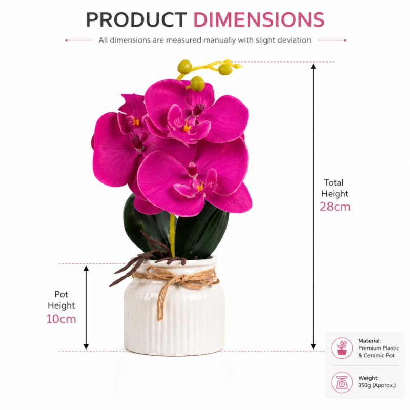 Professional Artificial Orchid Flowers – Vibrant Hot Pink & White in Ceramic Pot (28cm)