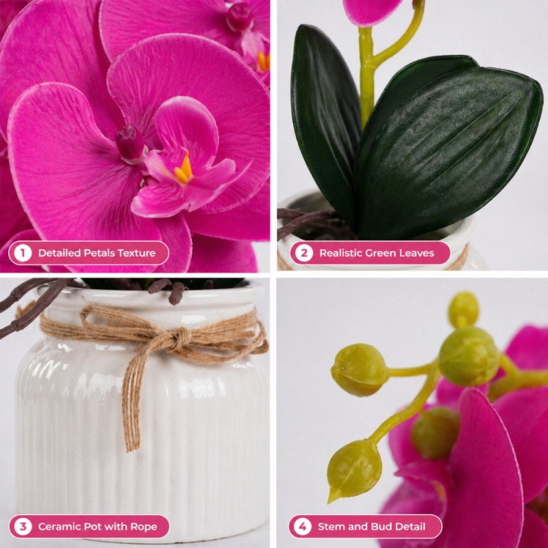 Professional Artificial Orchid Flowers – Vibrant Hot Pink & White in Ceramic Pot (28cm)