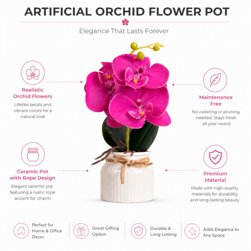 Professional Artificial Orchid Flowers – Vibrant Hot Pink & White in Ceramic Pot (28cm)