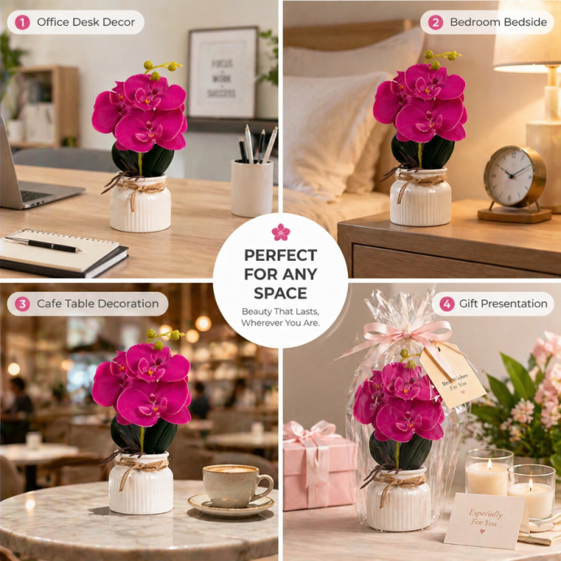 Professional Artificial Orchid Flowers – Vibrant Hot Pink & White in Ceramic Pot (28cm)