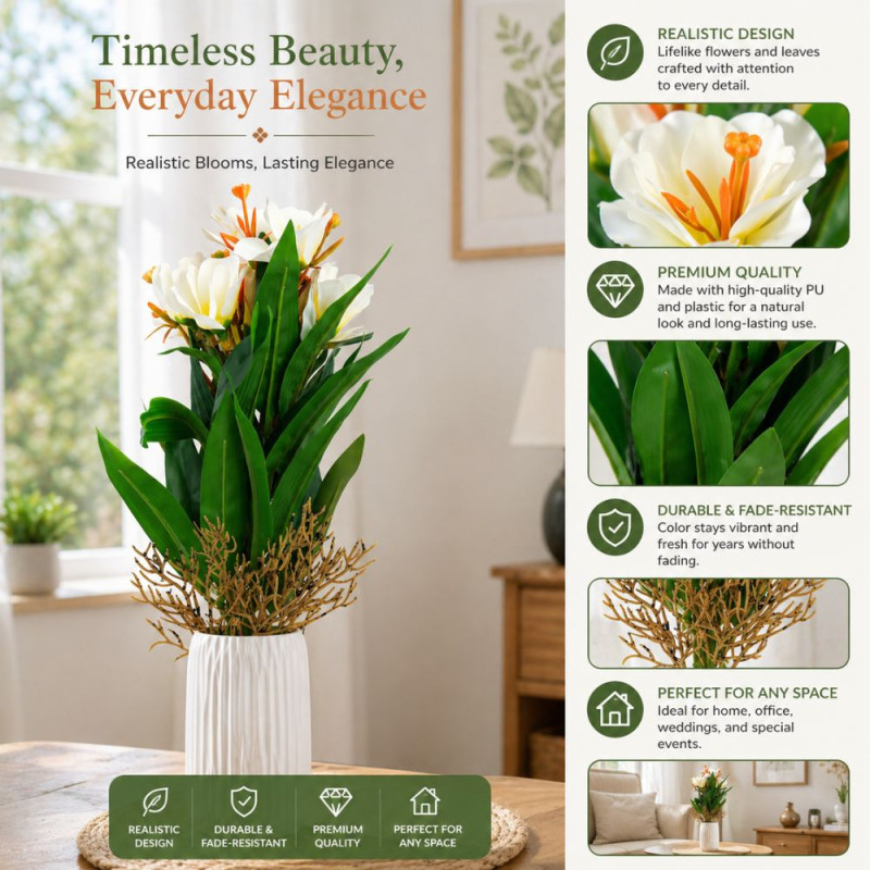 Artificial Plumeria (Frangipani) Multi-Bloom Floral Spray – 5 Heads – 40cm