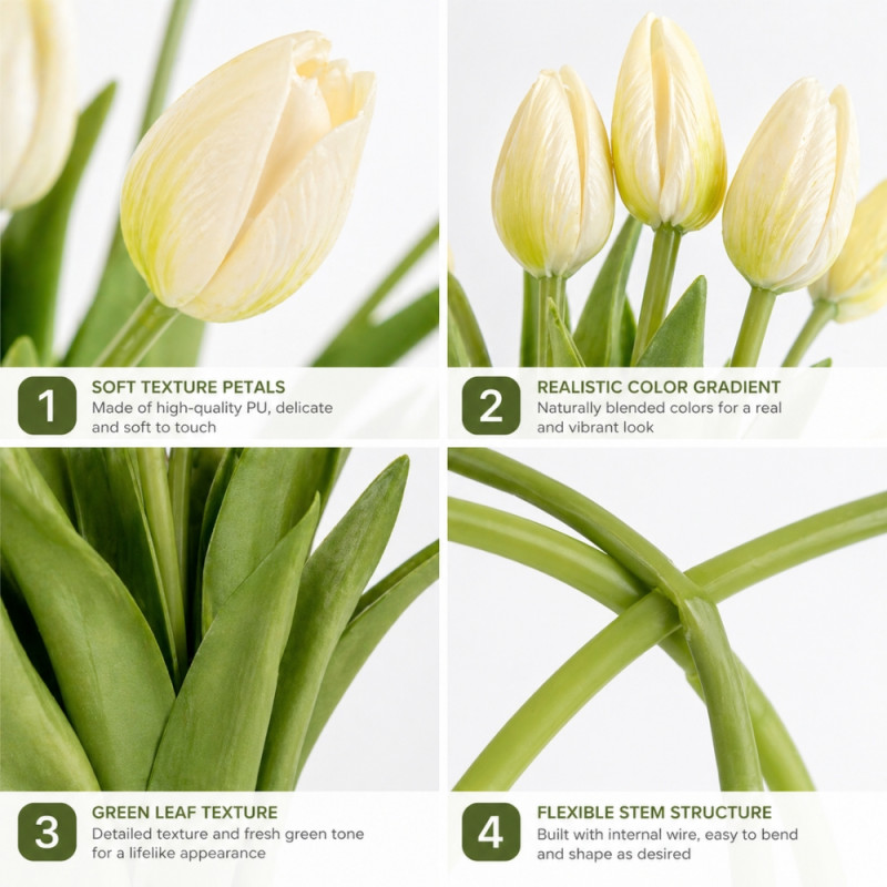 Professional Artificial Tulips – Elegant Cream Blooms with Green Foliage