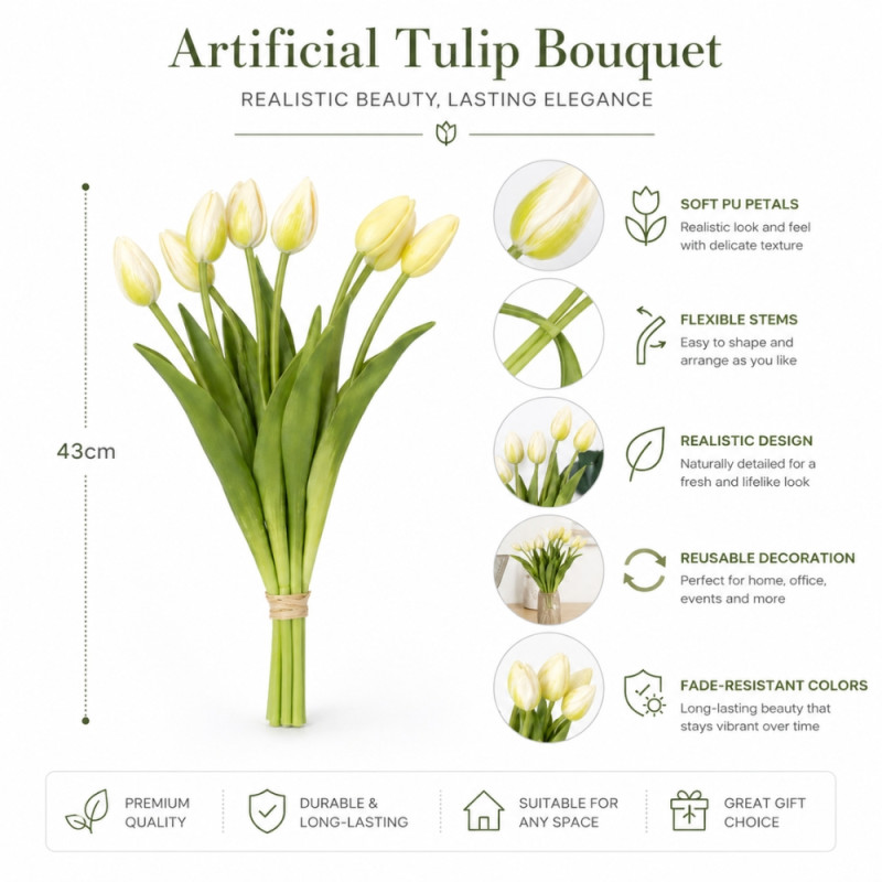 Professional Artificial Tulips – Elegant Cream Blooms with Green Foliage