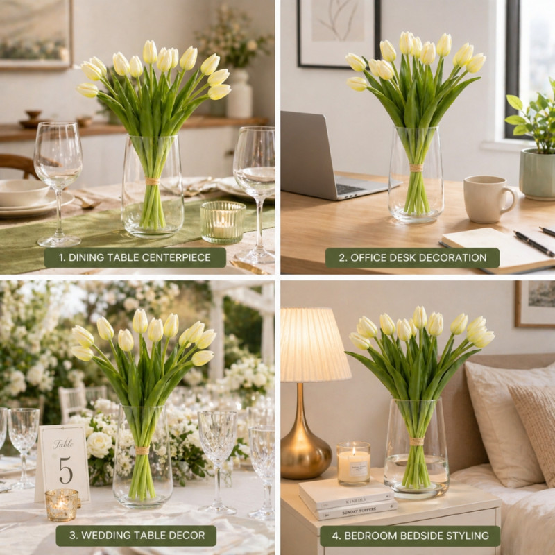 Professional Artificial Tulips – Elegant Cream Blooms with Green Foliage