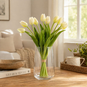 Professional Artificial Tulips – Elegant Cream Blooms with Green Foliage