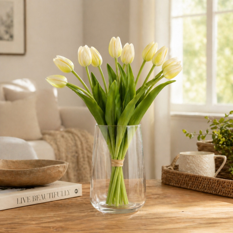 Professional Artificial Tulips – Elegant Cream Blooms with Green Foliage
