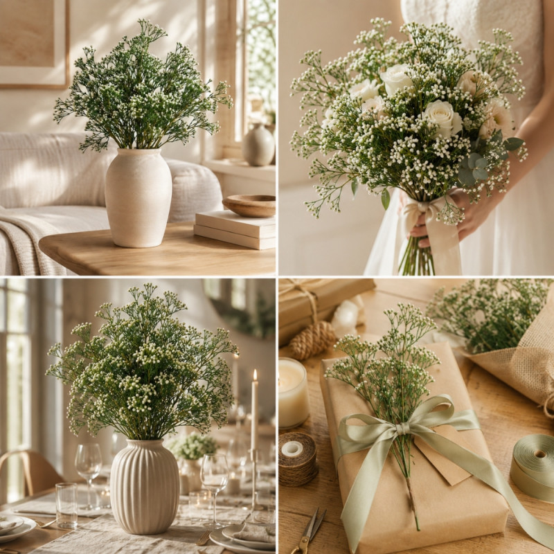 Foundational artificial baby's breath flowers are approximately 48 cm tall and feature flexible stems for easy arrangement – Green (48cm)