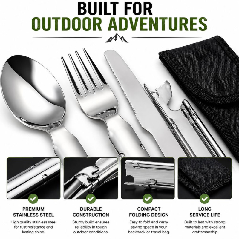 All In One Camping Cutlery Set - Stainless Steel