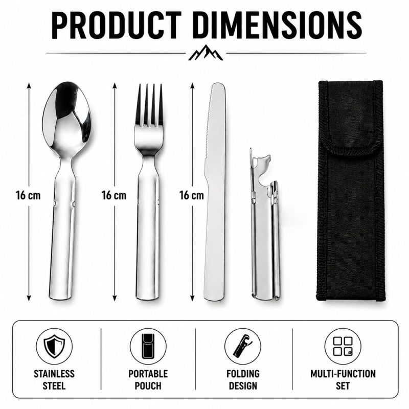 All In One Camping Cutlery Set - Stainless Steel