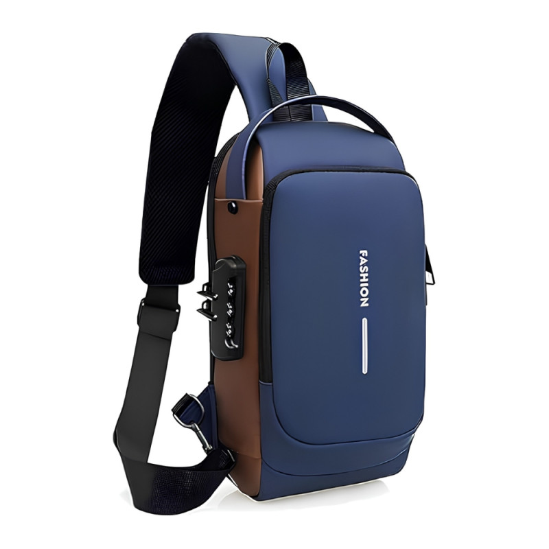 Professional Anti-Theft Waterproof Sling Bag – Navy Blue & Gray Orange (32cm)