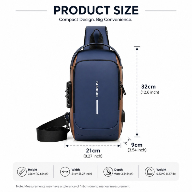 Professional Anti-Theft Waterproof Sling Bag – Navy Blue & Gray Orange (32cm)