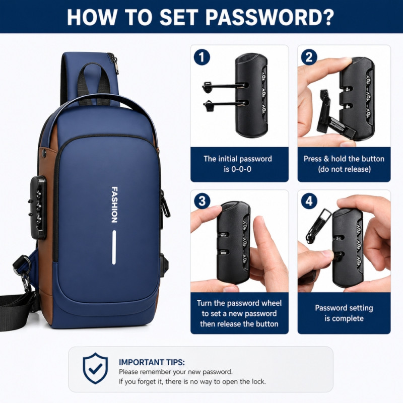 Professional Anti-Theft Waterproof Sling Bag – Navy Blue & Gray Orange (32cm)