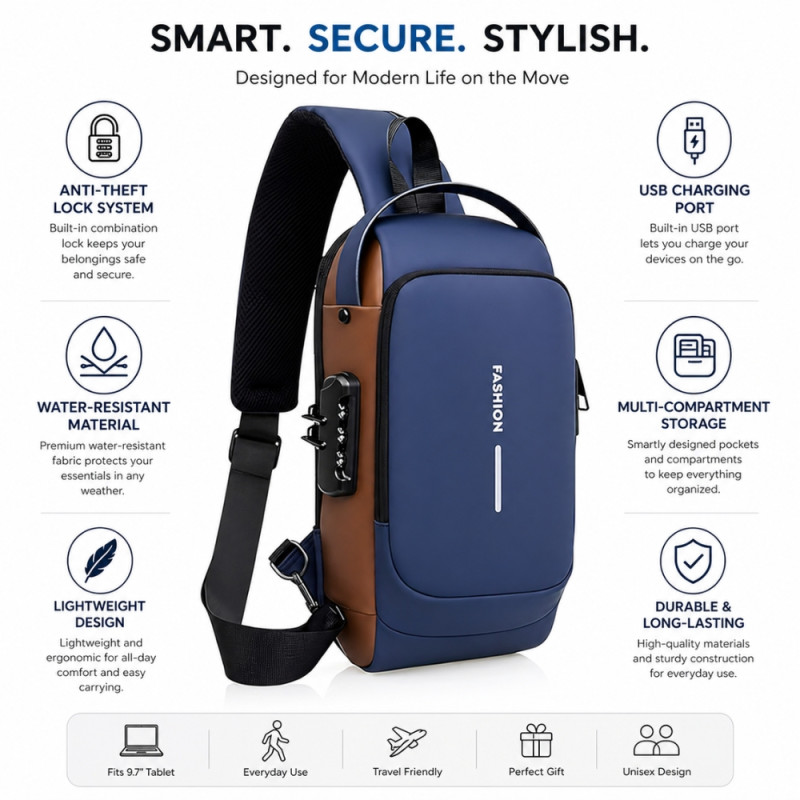 Professional Anti-Theft Waterproof Sling Bag – Navy Blue & Gray Orange (32cm)
