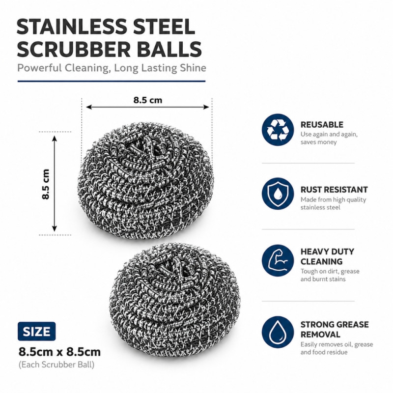 Heavy-Duty Stainless Steel Scrubber Balls Designed for Tough Kitchen Cleaning Tasks – Silver