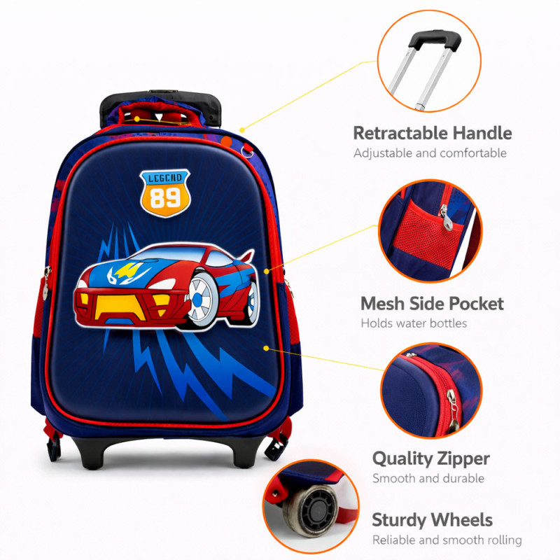 Kids' 3-Piece Racing Car printed Trolley Set – Navy &amp; Red