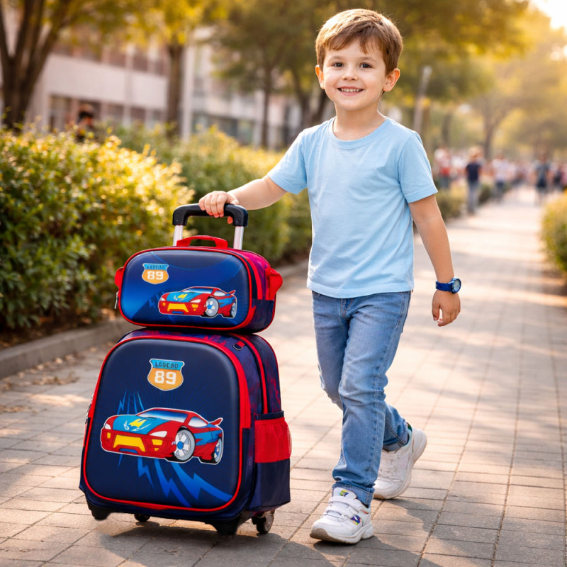 Kids' 3-Piece Racing Car printed Trolley Set – Navy &amp; Red