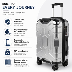 Ultra-Resilient 20" Hardshell Spinner Trolley – Metallic Silver