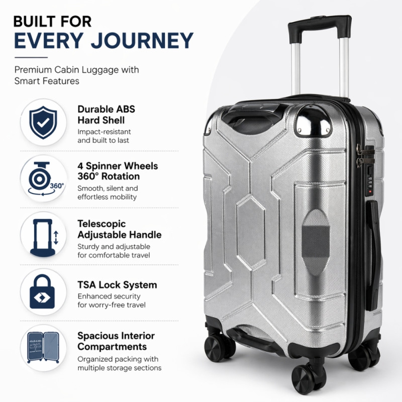 Ultra-Resilient 20" Hardshell Spinner Trolley – Metallic Silver
