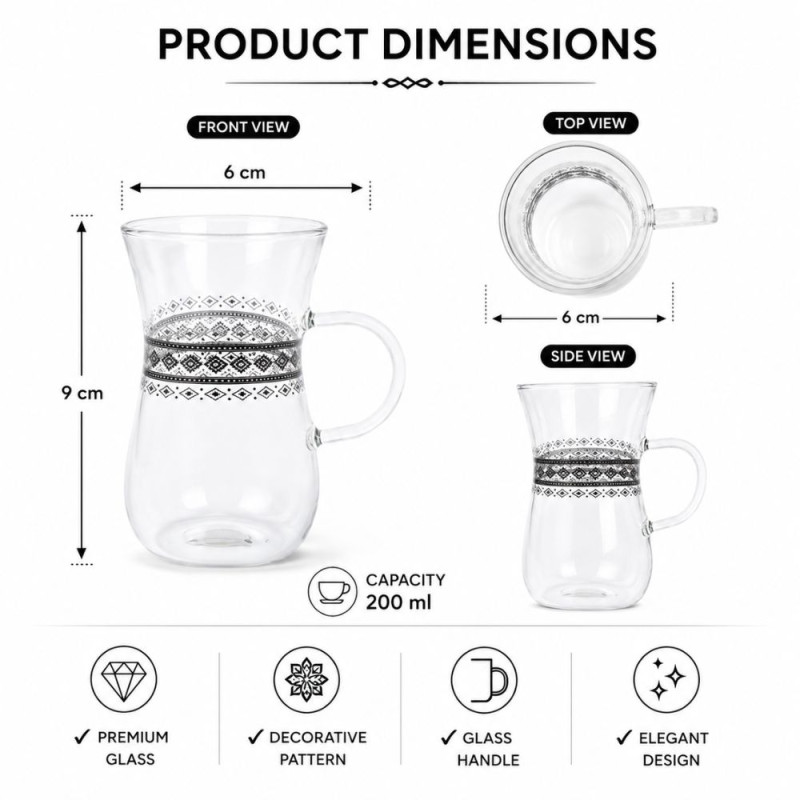 Superior 6PCS GLASS CUP SET 200ML – Transparent Premium Quality (9 x 6 cm)
