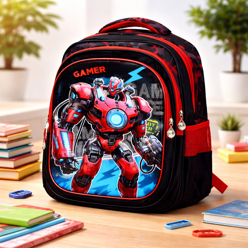 Kids High-Contrast Dynamic School Bag – Black & Red (40cm)