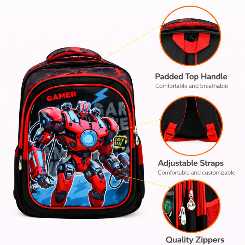 Kids High-Contrast Dynamic School Bag – Black & Red (40cm)
