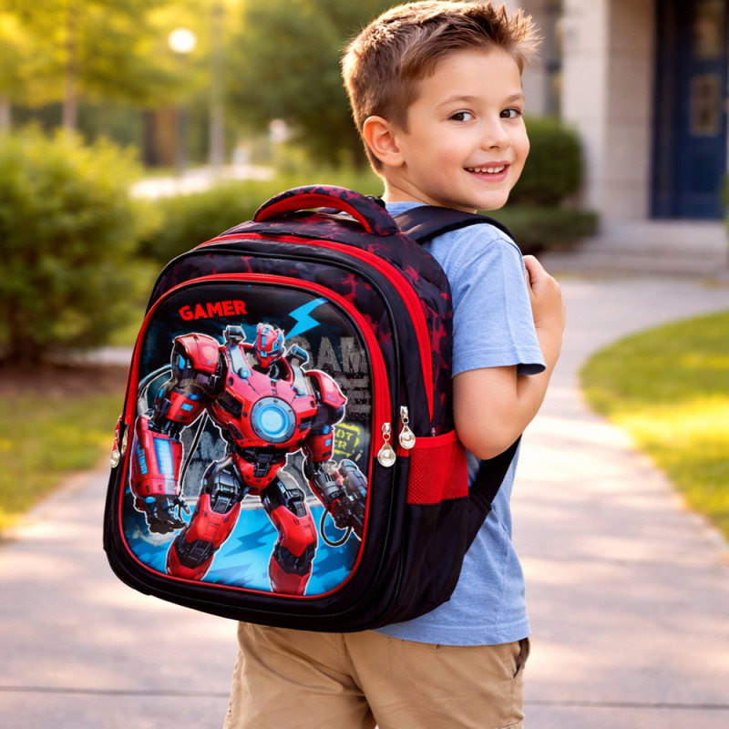 Kids High-Contrast Dynamic School Bag – Black & Red (40cm)