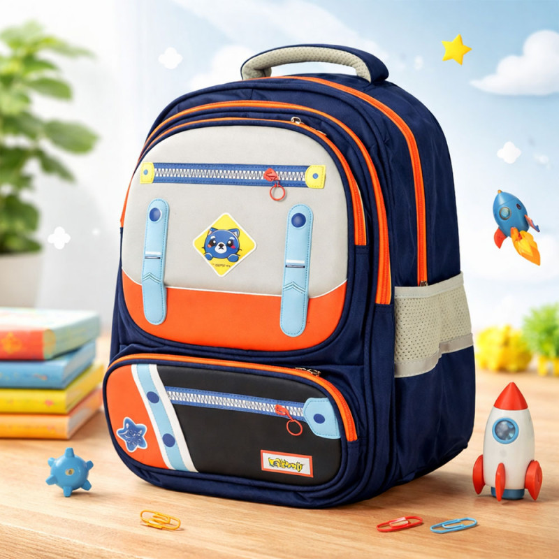 Kids High-Contrast Dynamic School Bag – Dark Blue & Orange (40cm)