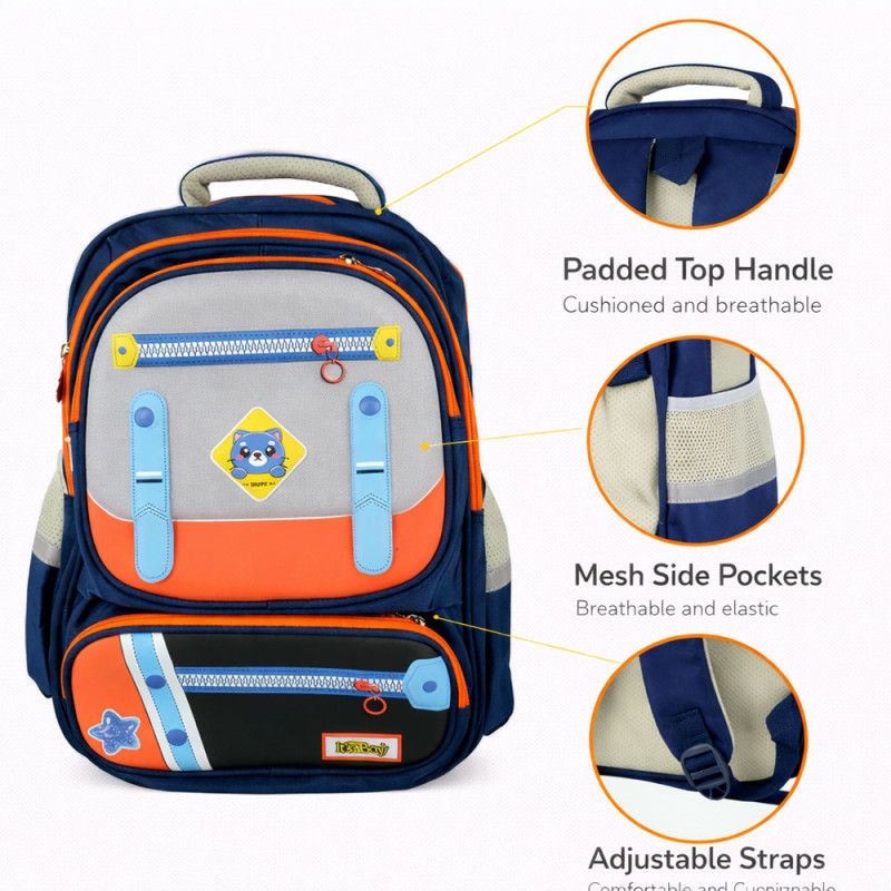 Kids High-Contrast Dynamic School Bag – Dark Blue & Orange (40cm)