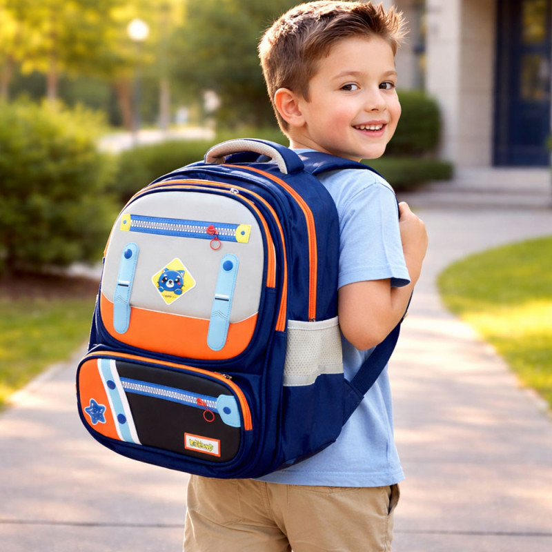 Kids High-Contrast Dynamic School Bag – Dark Blue & Orange (40cm)