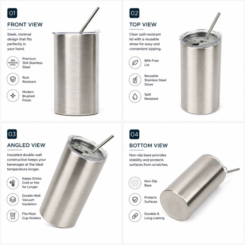 Professional Silver Straight Stainless Steel Tumbler – Minimalist Drinkware (13.5cm)