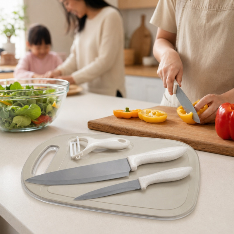 Cutting Board with Knives – Beige (Compact)