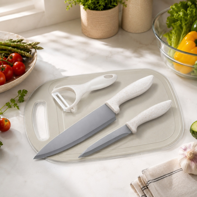 Cutting Board with Knives – Beige (Compact)