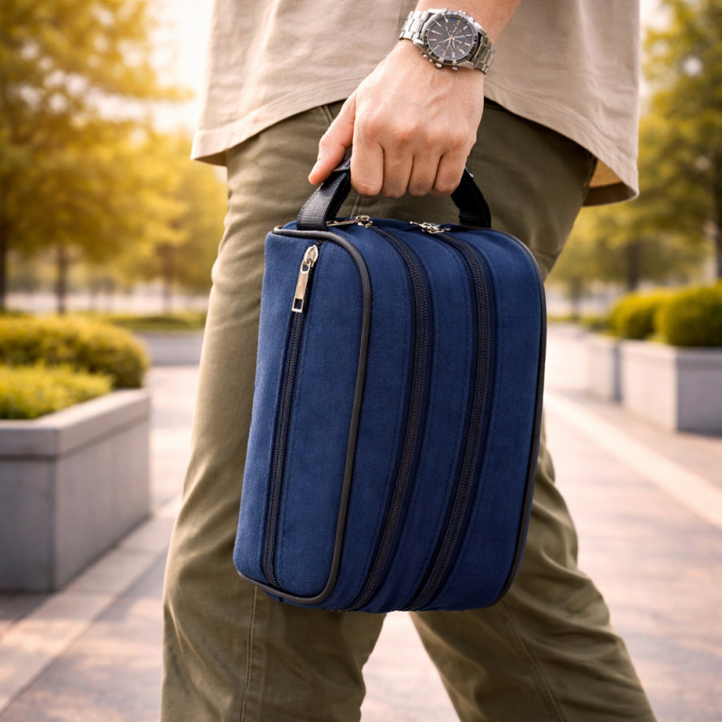 Men’s Personalized Travel Toiletry Kit & Shaving Organizer – Navy Blue (20cm)