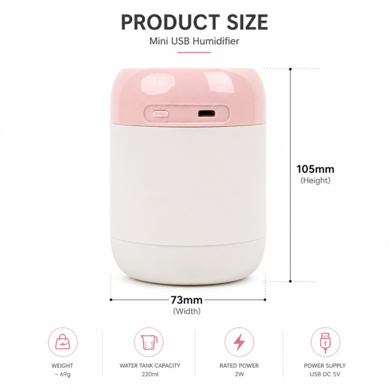 Professional Portable Mini USB Aroma Diffuser & Humidifier – White & Light Pink (10.5cm)